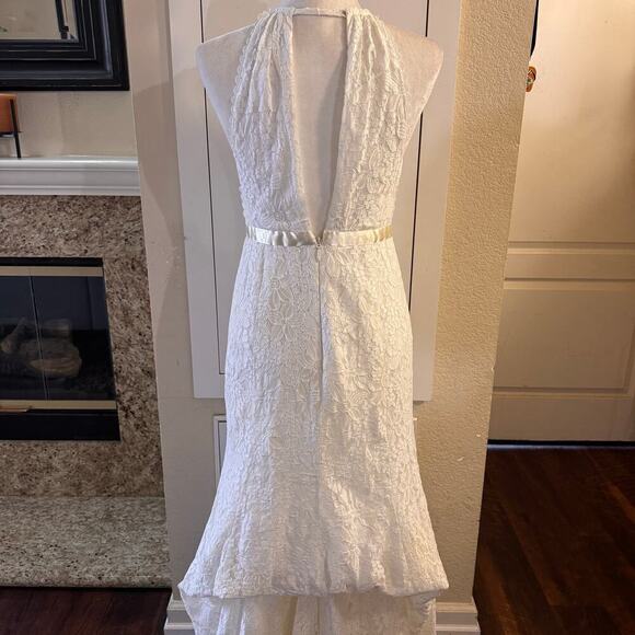 GALINA Illusion Lace Halter Sheath Wedding Boho Dress Altered Size 4 Ivory - Picture 9 of 16